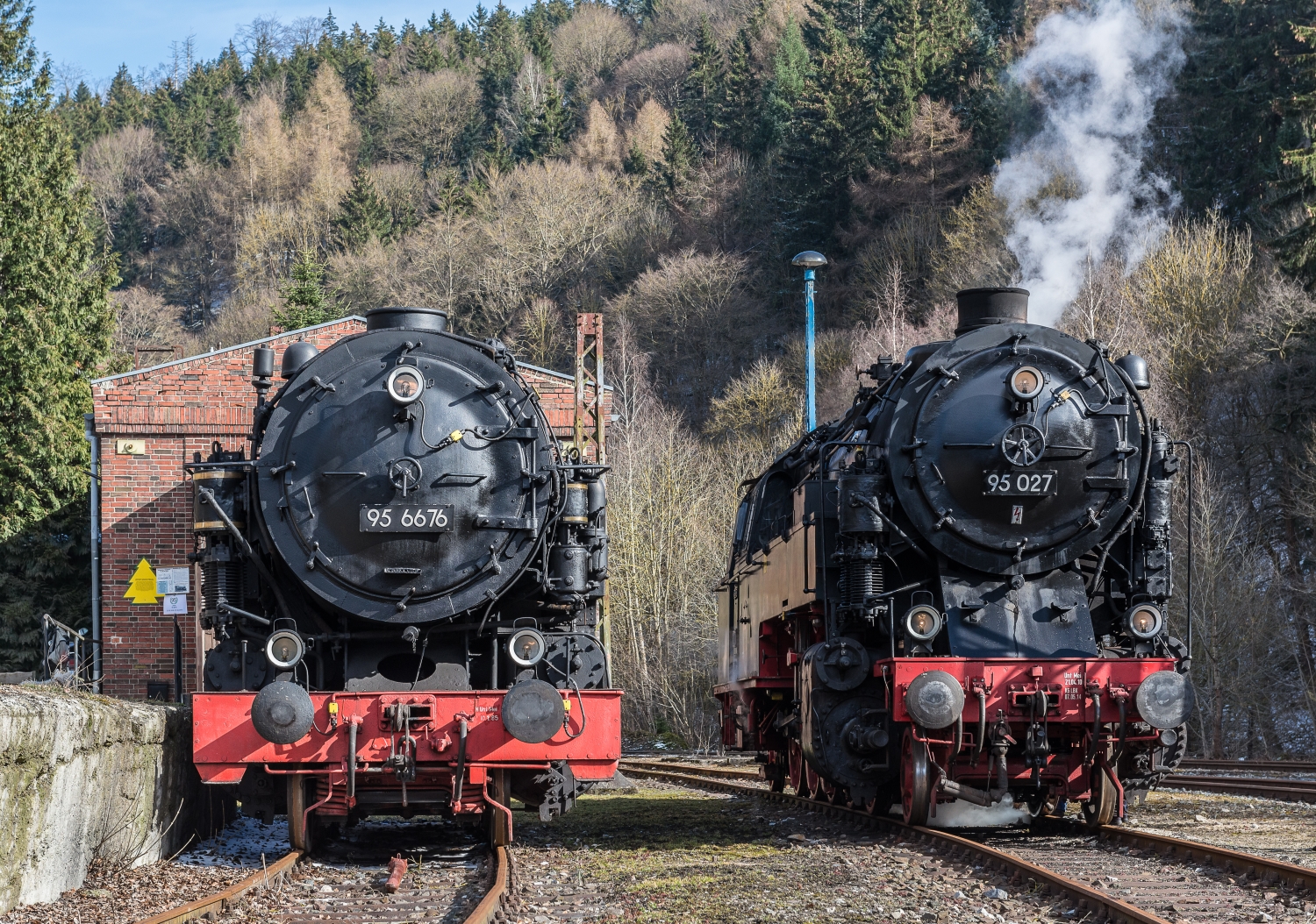 Mammut und 95 027 geben sich am historischen Lokschuppen des alten Bahnhofs Rübeland ein Stelldichein. (c) Klaus-Henning Damm